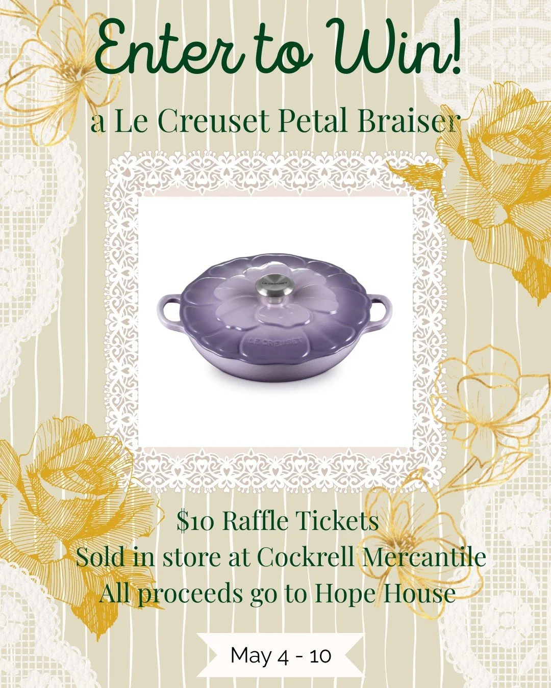 Starting TODAY
BUY a $10 raffle ticket to WIN a Le Creuset Petal Braiser!! All proceeds from raffle sales are donated to @hopehousekc. 

Tickets must be purchased in store, no limit on tickets (help us raise as much money as possible!) the winner wil