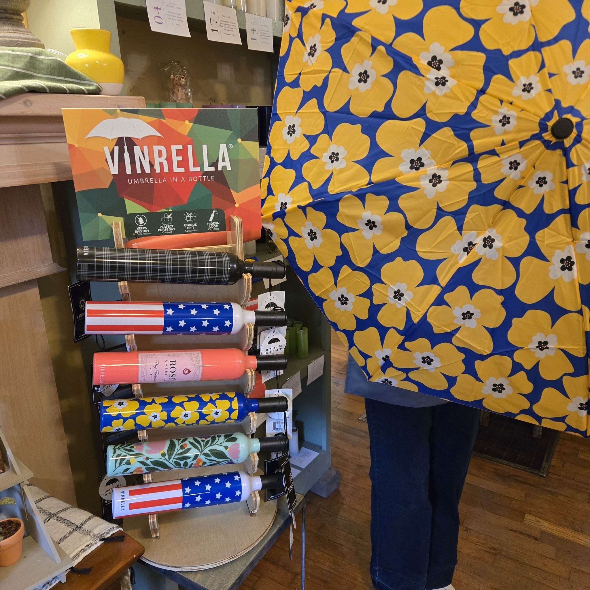 Just what you need on a rainy spring day, a Vinerella! Bright, colorful umbrellas that have a hard carrying case so you don't drip inside.