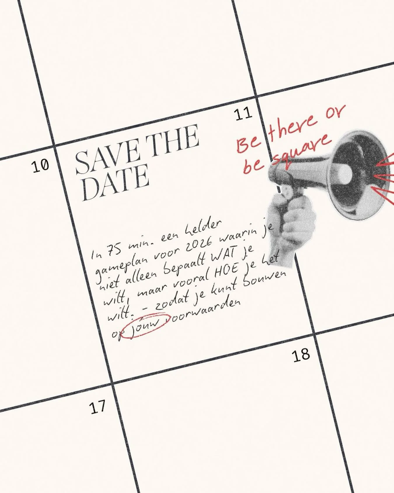 Donderdag 11 december om 10:00 uur

Gratis deelname

Jij + ik + een groep gelijkgestemden

Een passend en vooral 100% JOU jaarplan voor 2026

Rust in je koppie, focus op je plannen, gezellig muziekie erbij

Alleen de opname als je er live bij bent

L