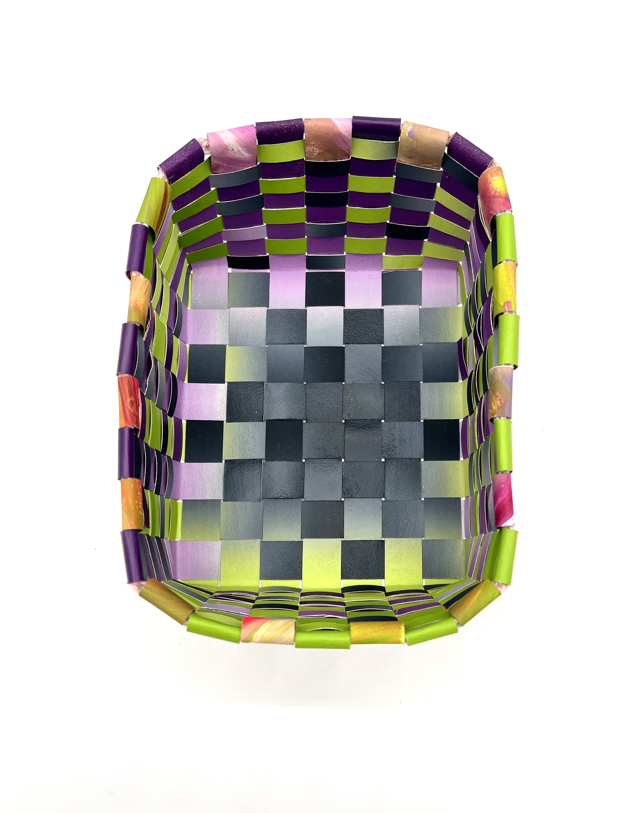 gradiented basket, monotype, acrylics, paper, twine, 2025