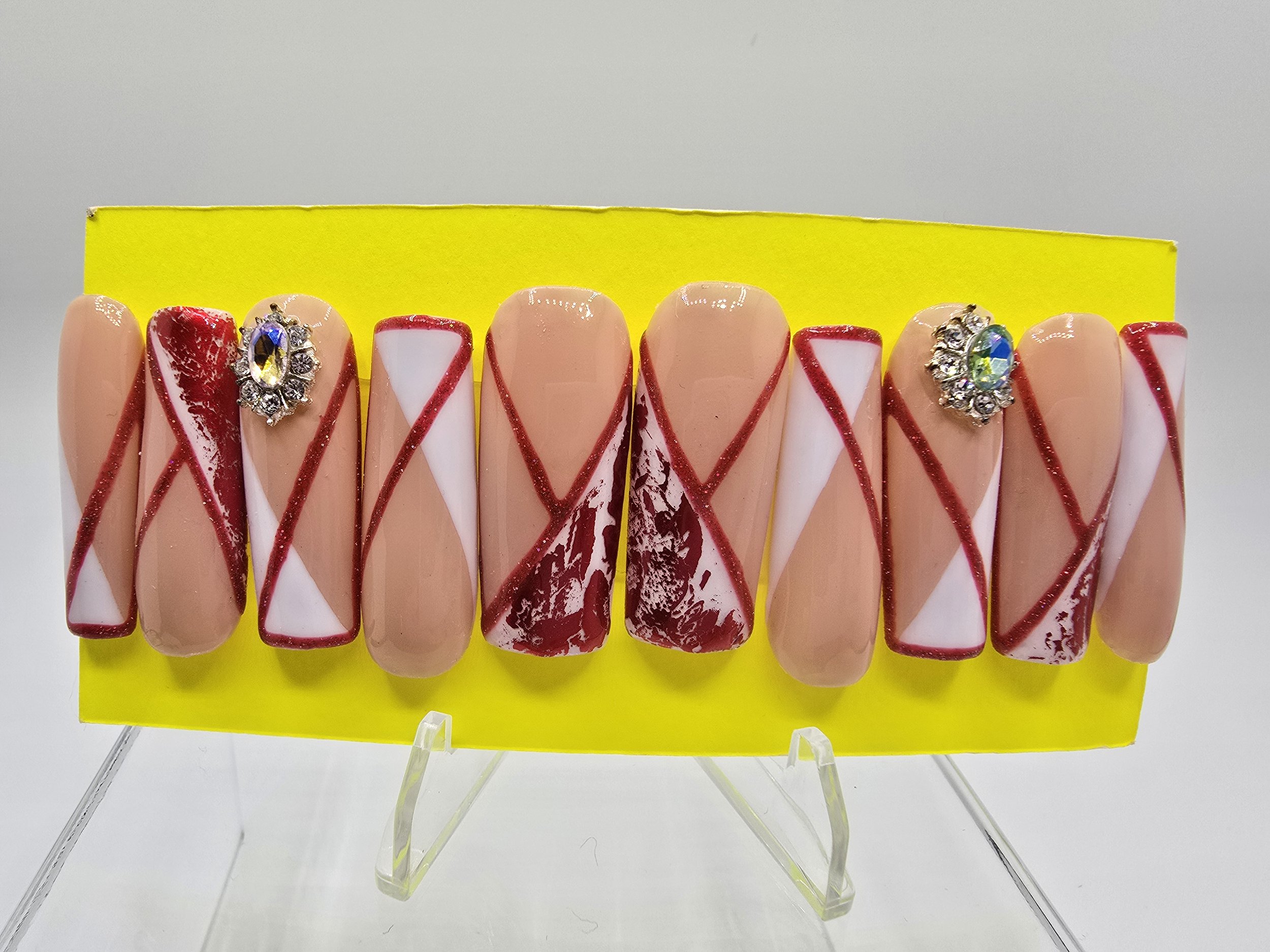 Red & White Geometric Foil Nails
