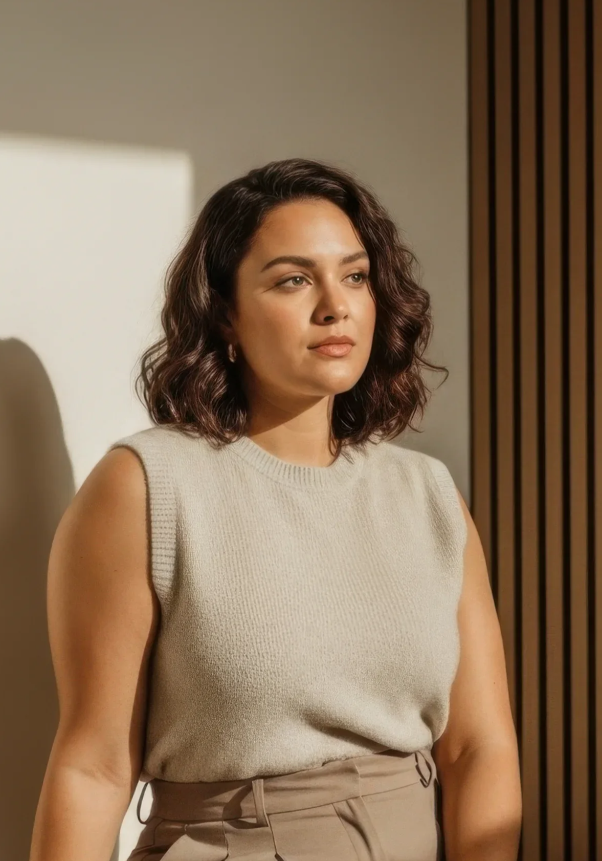 Woman with shoulder-length wavy dark hair wearing a beige sleeveless top and beige pants, standing indoors near a wooden panel wall.