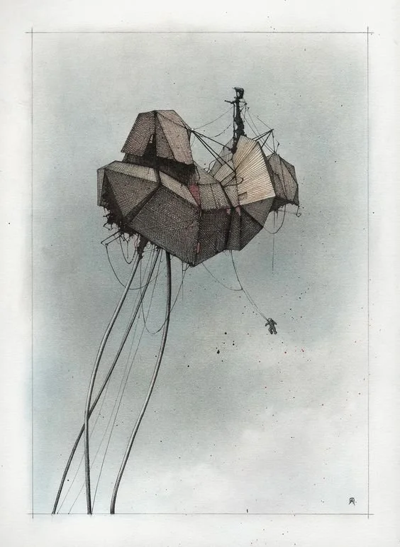 Een tekening van een huis op een poten met lange draden hangt in de lucht, alsof het zweeft.