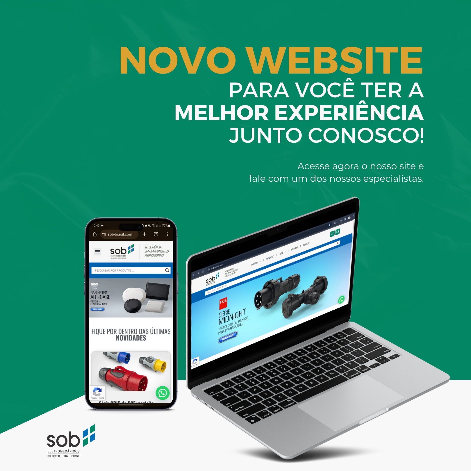 Imagem de um site de eletrônicos exibido na tela de um laptop e de um smartphone, anunciando o lançamento de um novo website da empresa Sob Eletrônicos, com destaque para produtos eletrônicos como cabos, conectores e ferramentas.