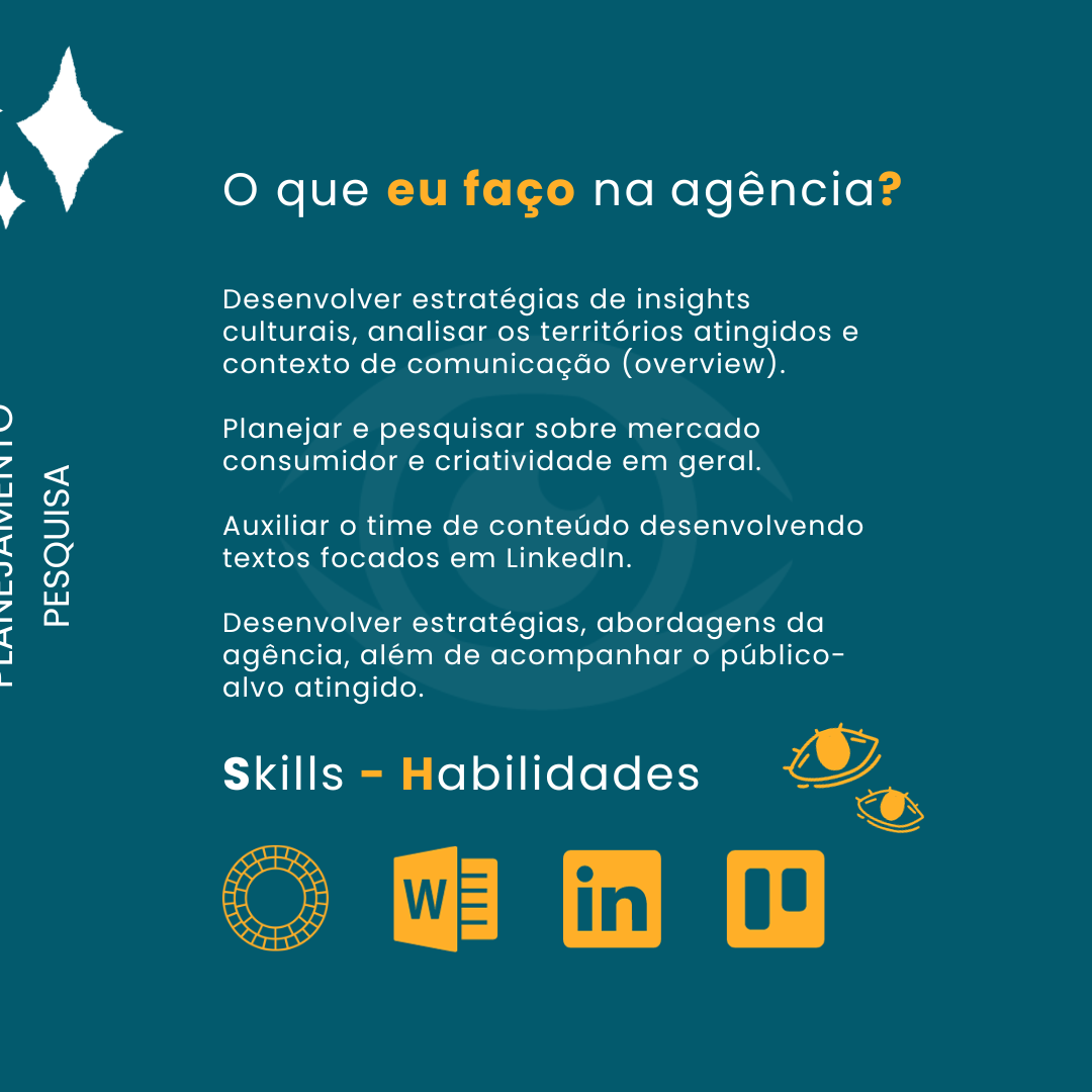 Informativo em português sobre as atividades realizadas na agência, incluindo desenvolvimento de estratégias, pesquisa de mercado, auxílio com conteúdo no LinkedIn, estratégias com o público-alvo, e habilidades como Word, LinkedIn, Trello, além de elementos gráficos e ícones