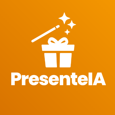 Ícone de presente com estrelas brilhantes e varinha mágica, com a palavra 'PresenteIA' abaixo, em fundo laranja.