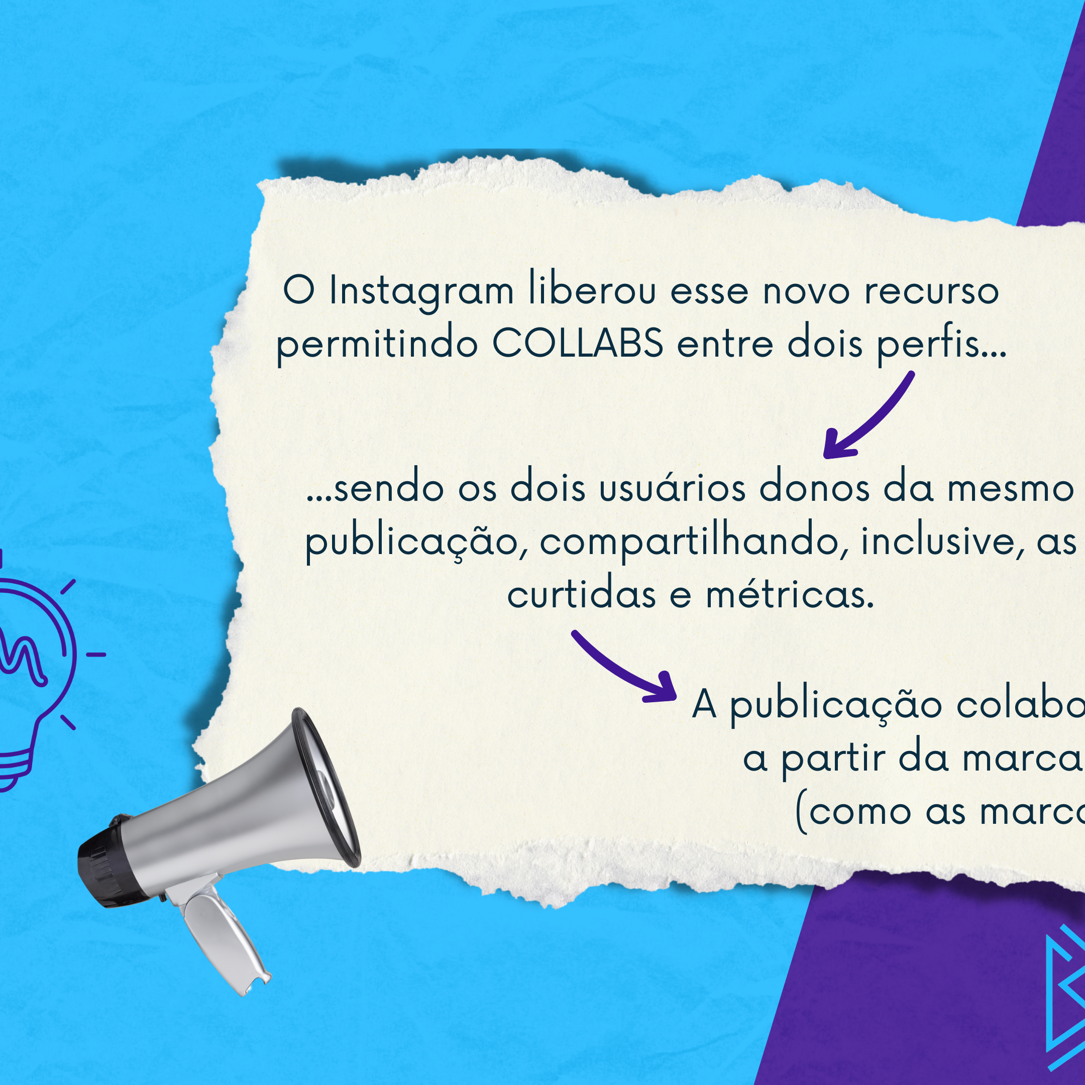 Imagem de fundo com texto explicativo sobre recursos do Instagram, incluindo uma câmera de mão e gráficos de métricas, em cores vibrantes azul e roxo.