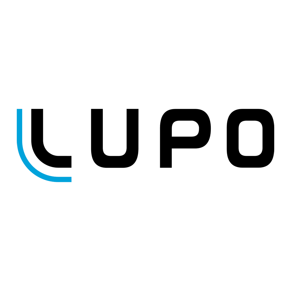 Logotipo da LUPO com letras em preto e um detalhe azul na letra L.