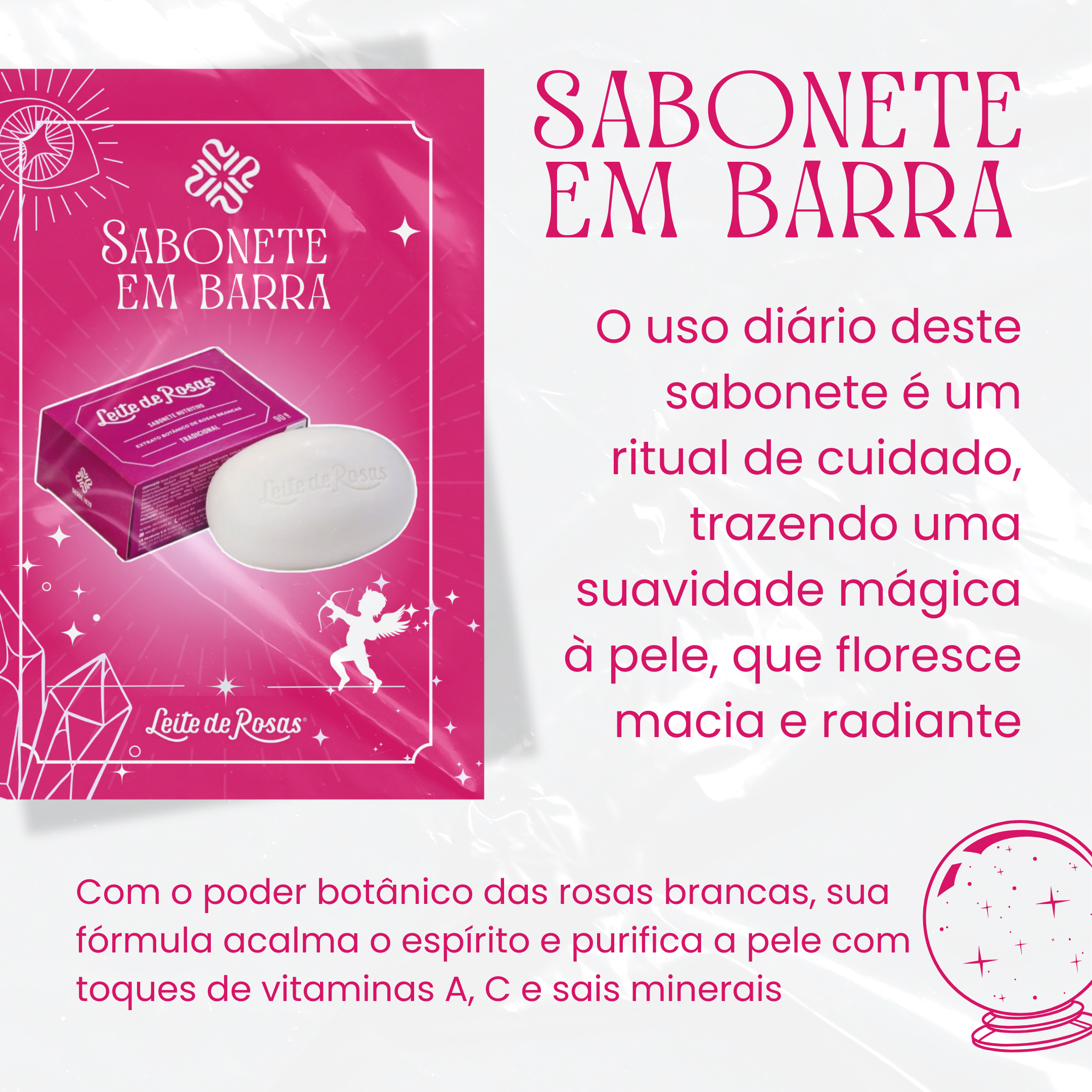 Embalagem de sabonete em barra rosa com detalhes brancos e texto em português, com destaque para o sabonete branco ao lado, contendo informações sobre seus benefícios e ingredientes, com fundo branco decorado com estrelas e elementos gráficos alusivos às flores e ao cuidado com a pele.