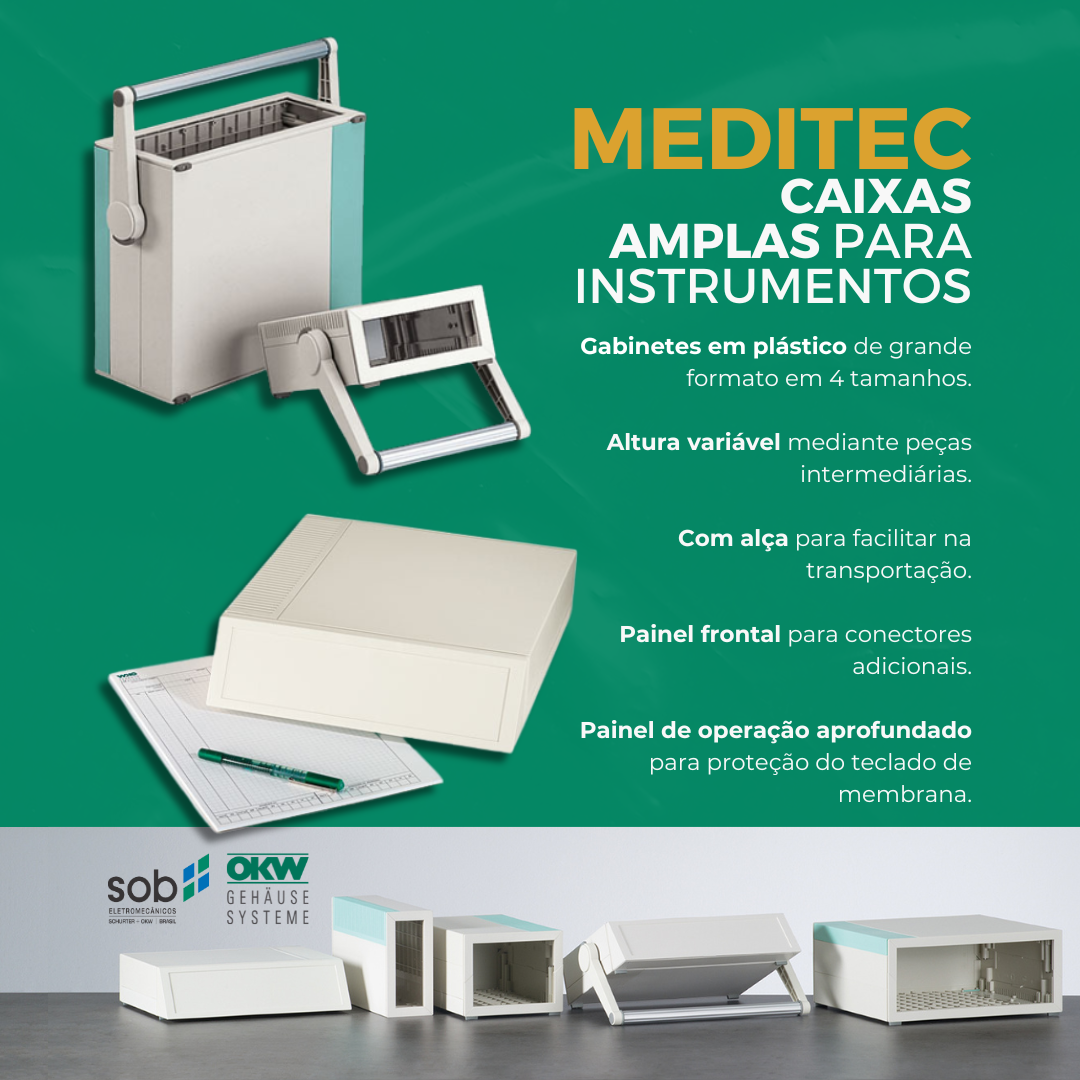 Imagem promocional de caixas amplas para instrumentos médicos da marca MEDITEC, mostrando diferentes tamanhos e características como alça, painel frontal e painel de operação aprofundado.