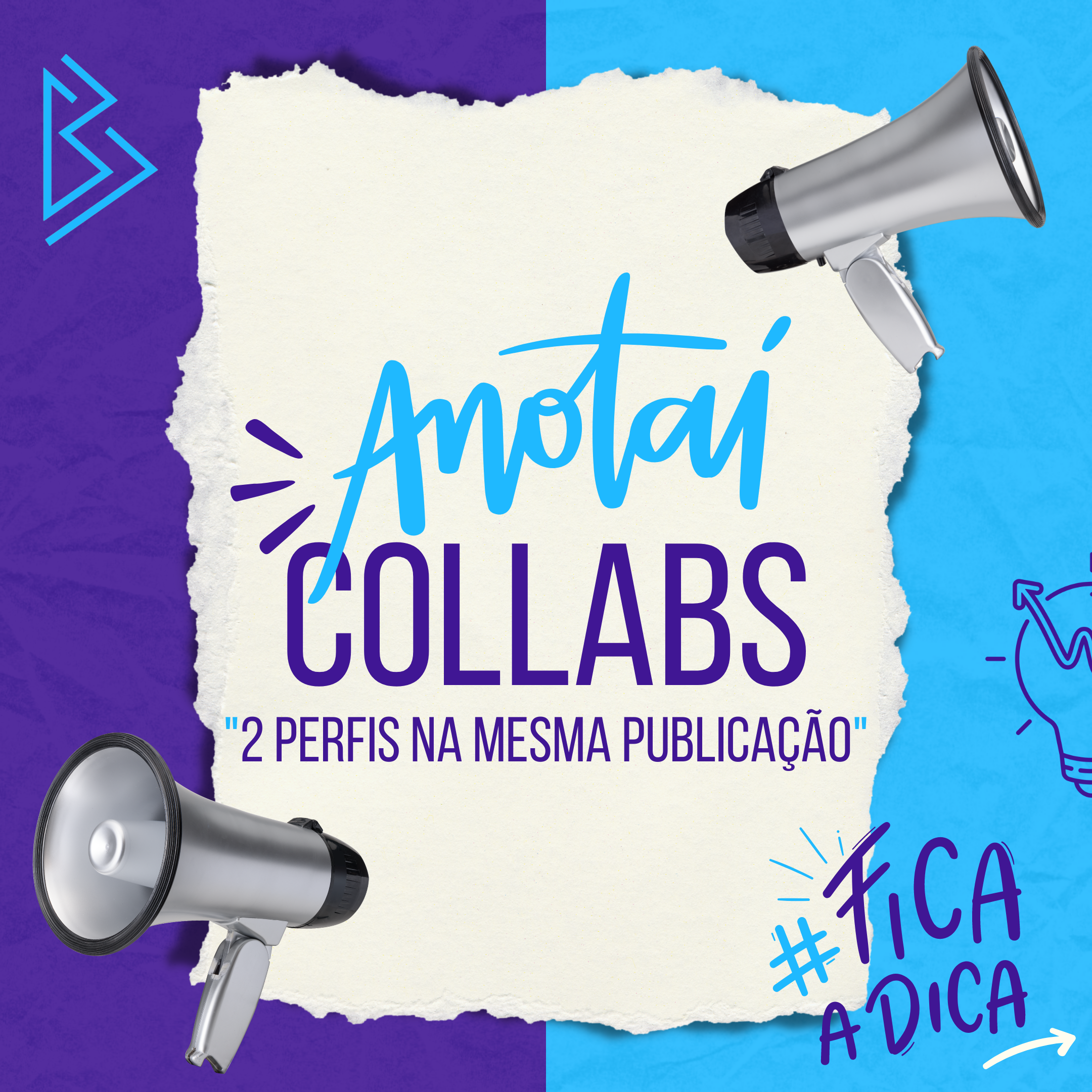 Imagem com um megafone cinza, um papel rasgado ao fundo com texto escrito à mão em azul dizendo 'At attitude' e outras palavras parcialmente visíveis, fundo com cores azul e roxo, setas azuis e elementos gráficos de marcações e desenhos.