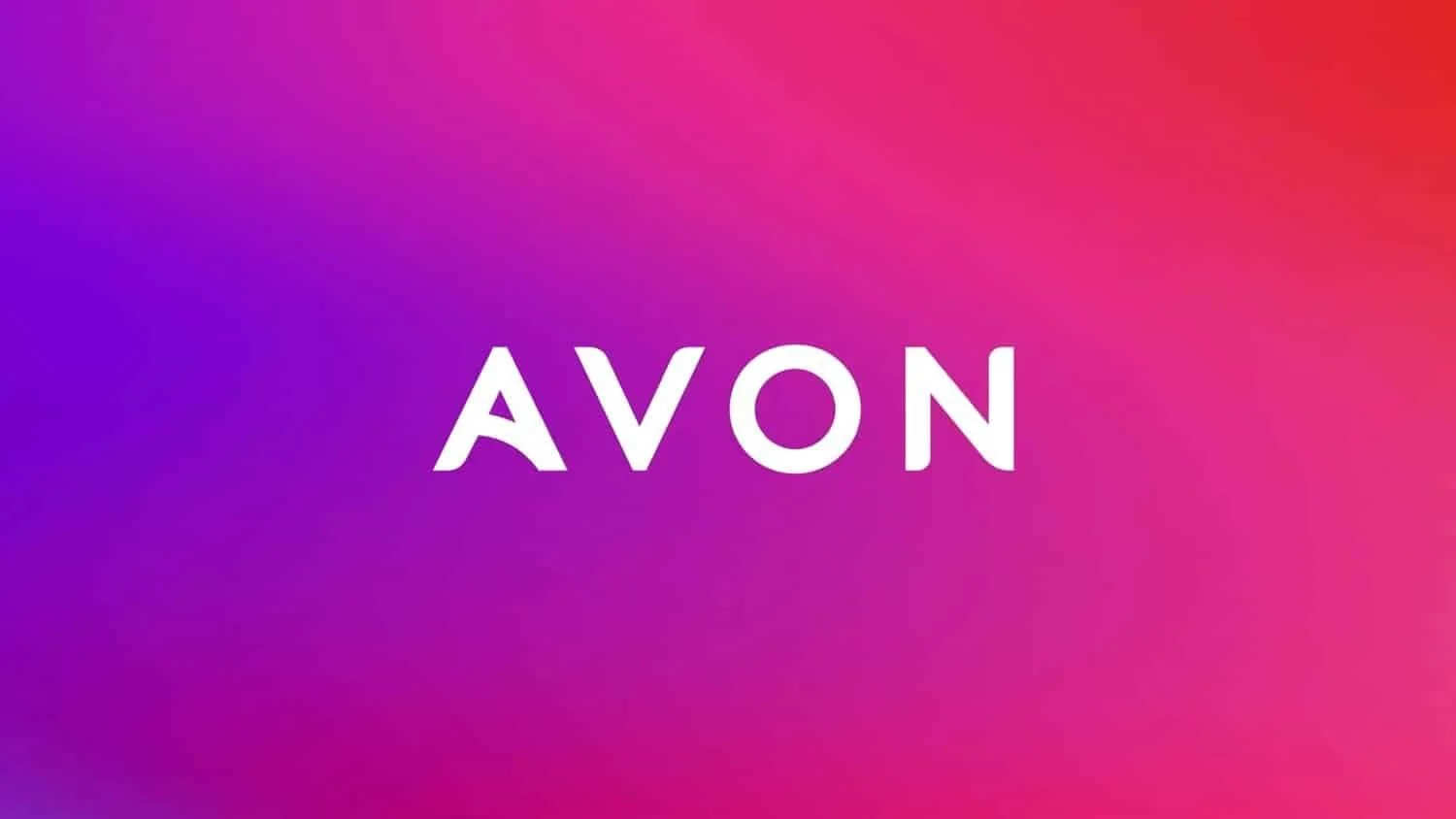 Logotipo da Avon em texto branco sobre fundo com gradiente de cores rosa, roxo e vermelho.