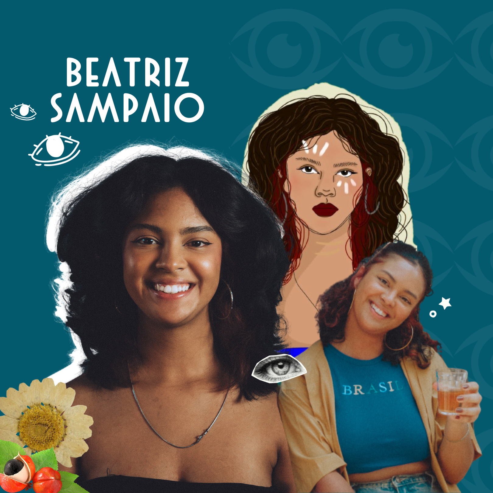 Ilustração de duas mulheres com pele castanha, uma com cabelo cacheado e outra com cabelo liso, sorrindo, ao lado de elementos gráficos como olhos, olho, maçã, girassol, frutos, e uma figura feminina de desenho. Fundo azul com padrões de olhos.