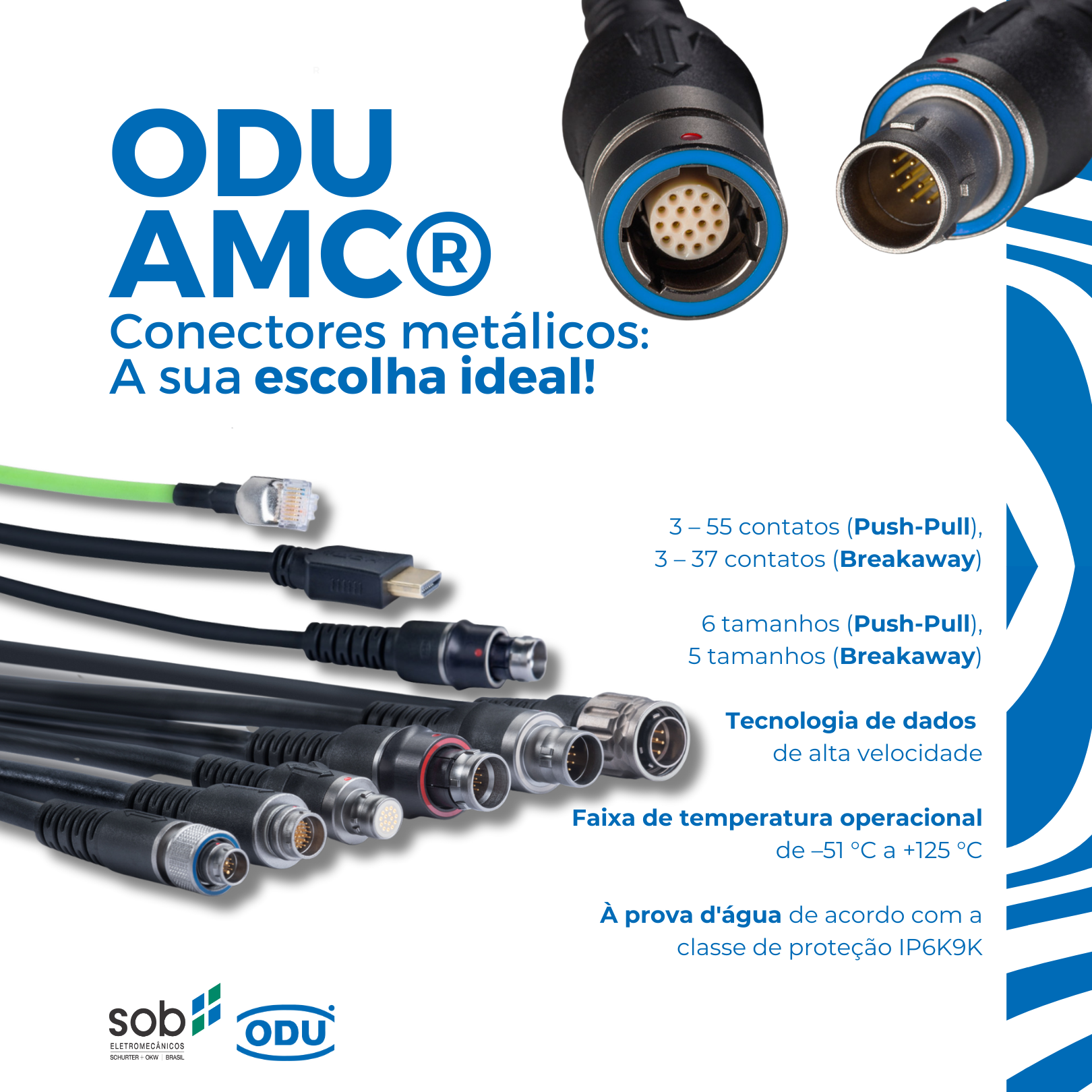 Imagem de conectores metálicos e cabos elétricos com texto promocional sobre conectores ODU AMC, destacando características como número de contatos, tecnologia de alta velocidade, faixa de temperatura operacional e resistência à água.