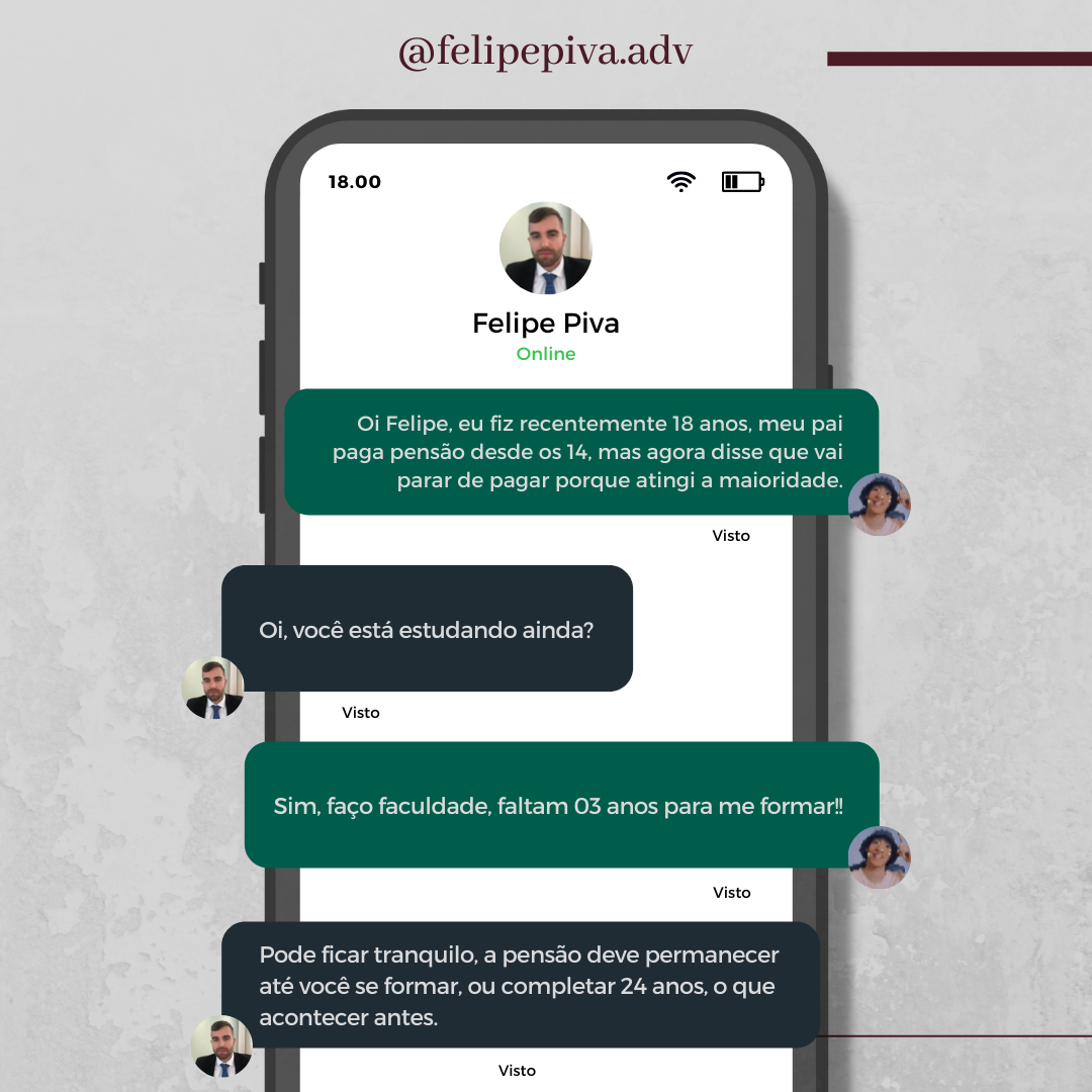 Imagem de tela de um chat no celular entre Felipe Piva e um estudante, com mensagens sobre pensão e estudos.