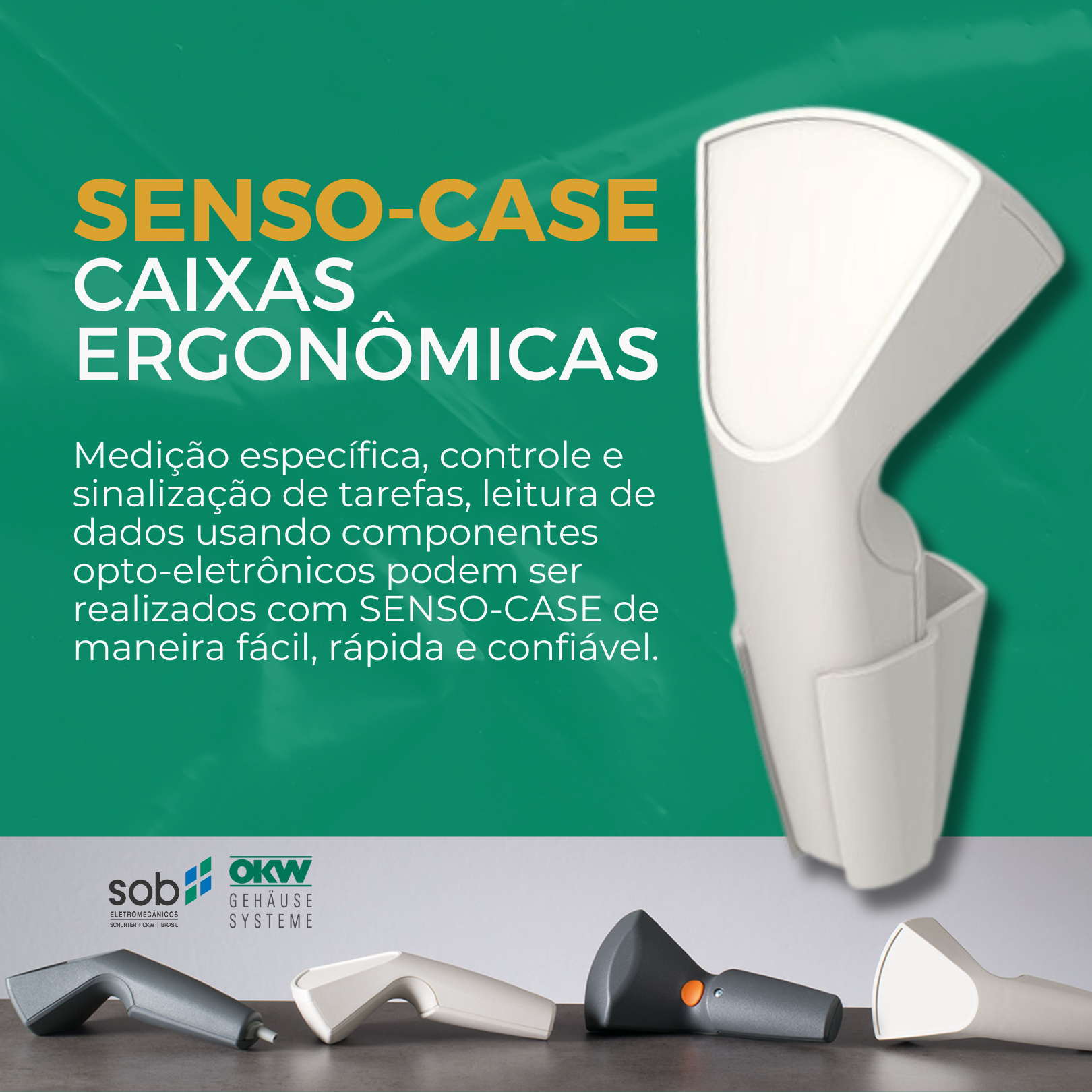Imagem de caixas ergonômicas sensocase em diferentes cores e designs, usadas para controle e leitura de dados com componentes eletrônicos.