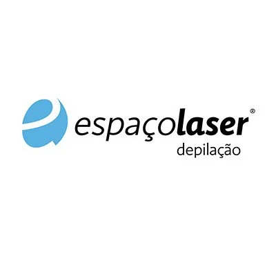 Logotipo da Espaço Laser Depilação, com símbolo azul e textos em preto e cinza.