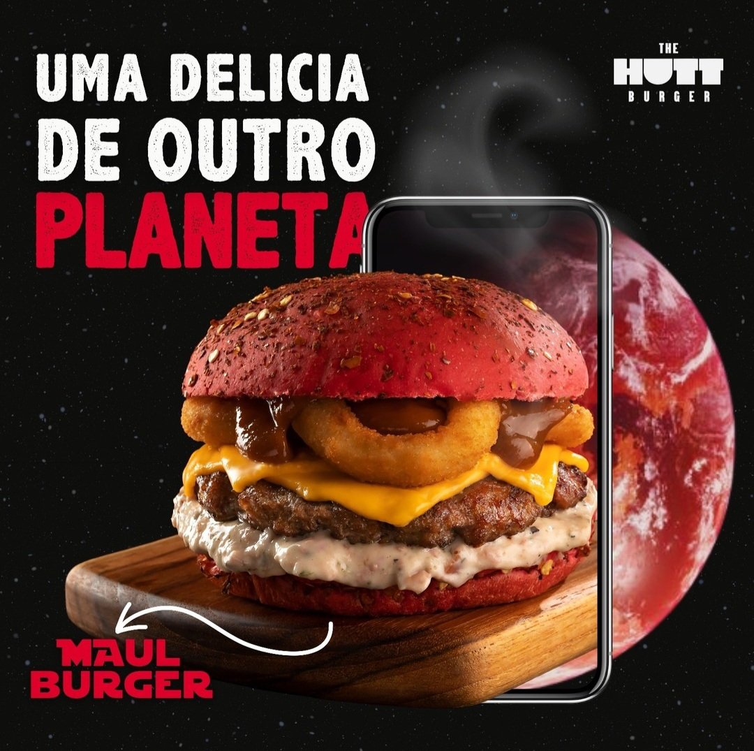 Imagem de um hambúrguer com o nome Maul Burger em primeiro plano, com fundo do espaço e planetas, incluindo a Terra vermelha, promovendo uma experiência de sabor de outro planeta.