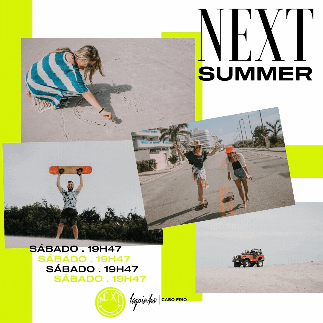 Montagem de fotos com pessoas em atividades ao ar livre na praia e na rua, com destaque para texto anunciando o próximo evento de verão no sábado às 19h47 no Cabo Frio.