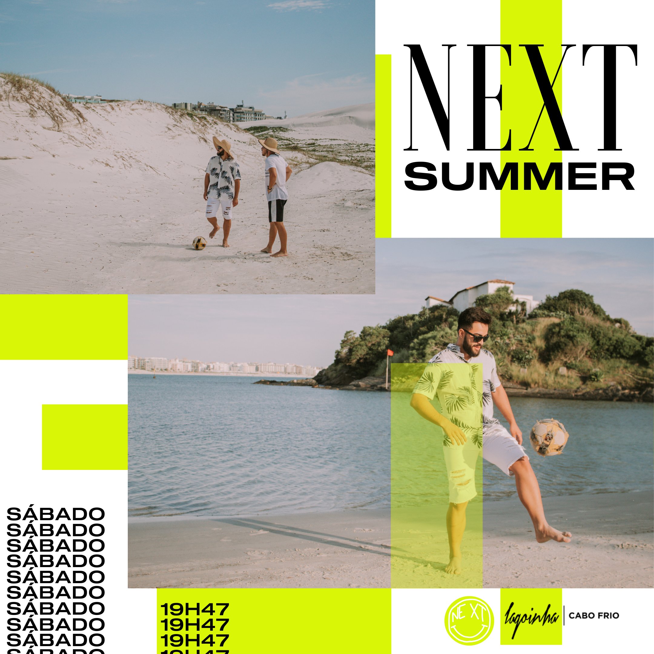 Homens jogando futebol na praia com areia, o mar ao fundo e prédios na distância, usando roupas de verão e chapéus de palha, ao lado de anúncios de evento com dias da semana e horas, cores vibrantes e elementos gráficos modernos.