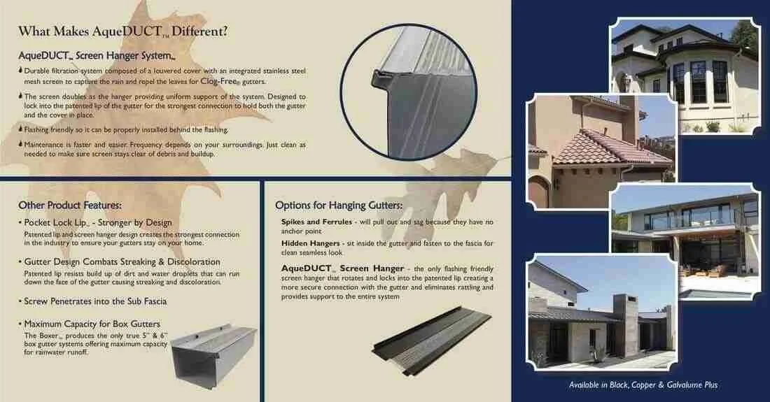 Promotional material for the AquaDUCT Screen Hanger System featuring product descriptions and benefits, images of houses with installed gutters, and details about the system's durability and design for preventing clogging and ensuring proper gutter m
