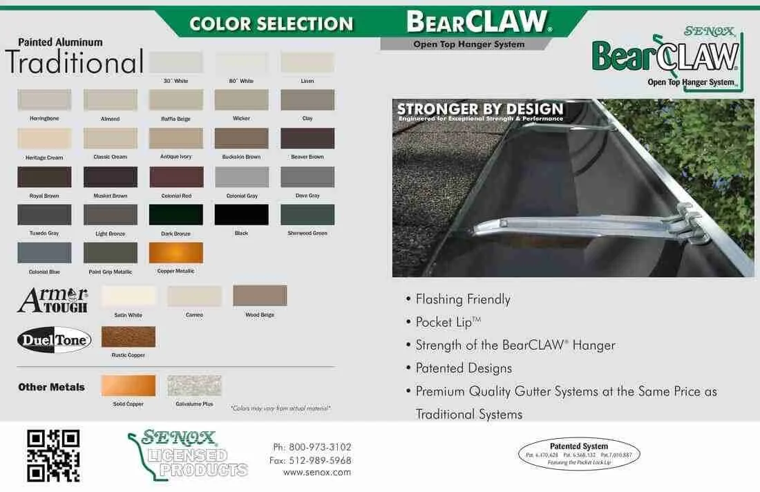 Promotional flyer for BearCLAW open top hanger system featuring color selection for painted aluminum in traditional colors. Image includes a close-up of a gutter system using BearCLAW technology. Features listed: flashing friendly, pocket lip, patent
