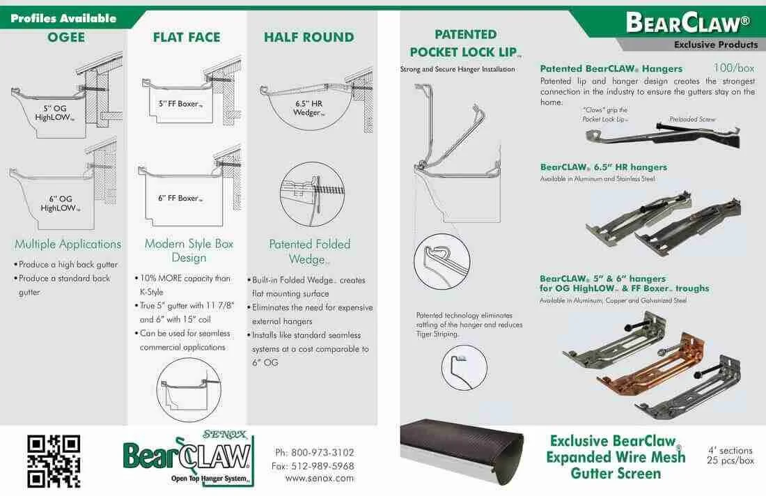 BearClaw gutter system advertisement showcasing profiles like Ogee, Flat Face, and Half Round, including patented hanger designs and expanded wire mesh gutter screen. Descriptions highlight features such as capacity, design, and materials.