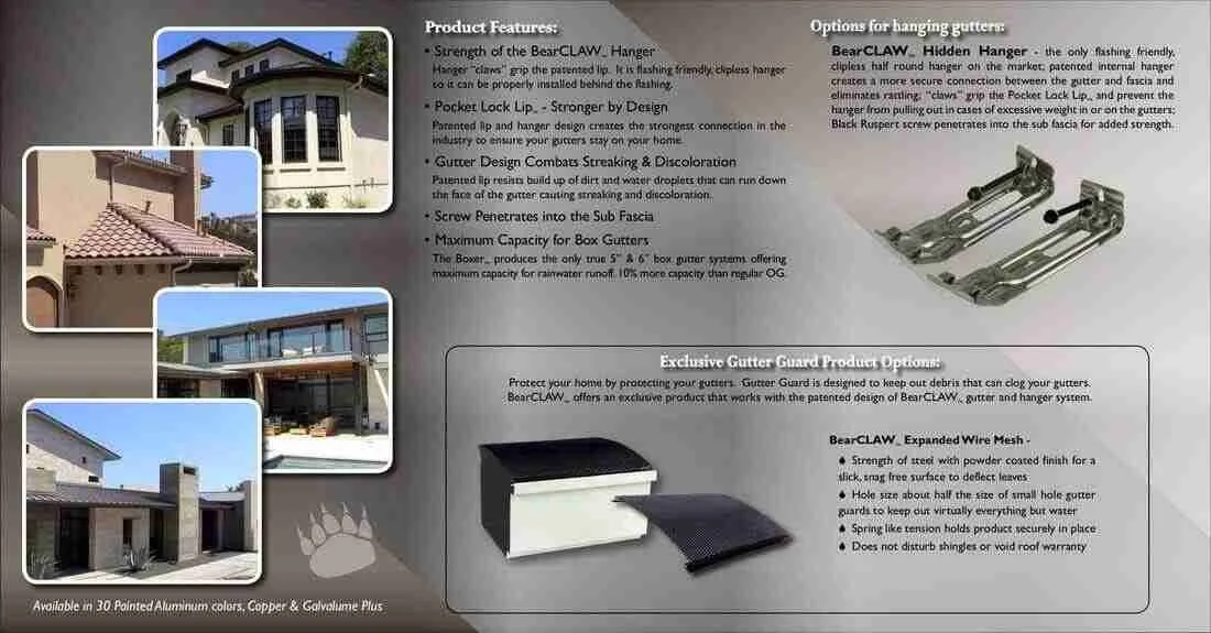 Promotional image for BearCLAW gutter products, featuring photos of different houses with gutters, product features, and options for hanging gutters, including hidden hangers and gutter guards.