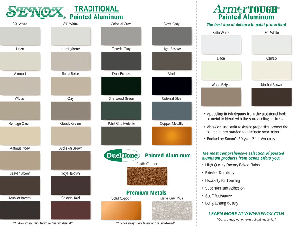 Color swatches for Senox aluminum products featuring various shades including white, gray, beige, bronze, green, blue, and metallic hues. Includes product lines Traditional Painted Aluminum, ArmorTough Painted Aluminum, and DuelTone Painted Aluminum.