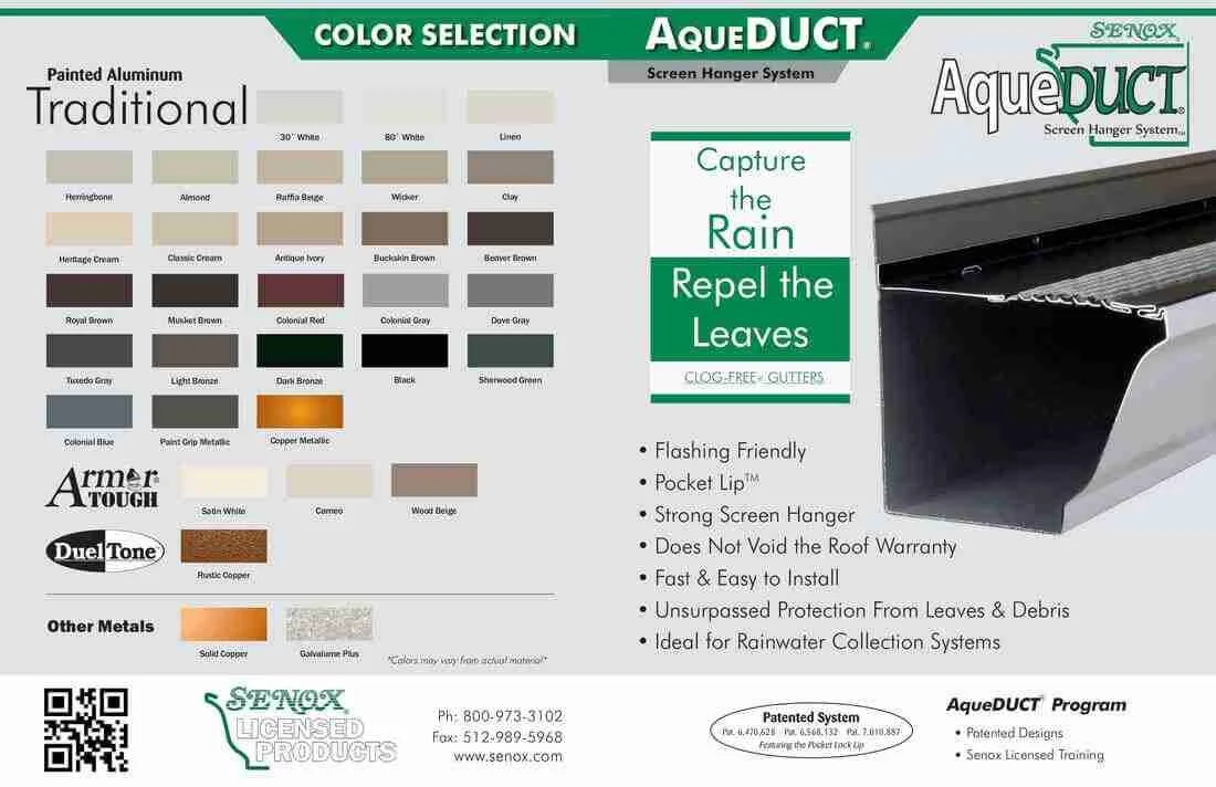 Color options for Aqueduct screen hanger system with features listed, including flashing friendly, pocket lip, strong screen hanger, and suitability for rainwater collection.