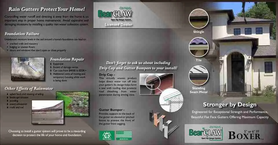 Promotional flyer for BearCLAW gutters highlighting their benefits, foundation protection, repair options, and installation features like drip caps and gutter bumpers. Includes images of different roof types and a house.