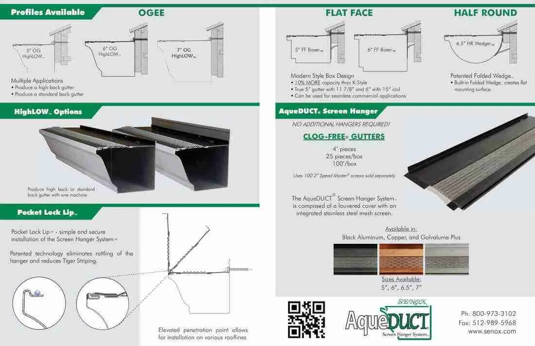 Brochure for gutter systems featuring different profiles such as OGEE, Flat Face, and Half Round. Includes details on Pocket Lock Lip installation, High/Low options, and AqueDUCT Screen Hanger with clog-free gutters. Available materials are Black Alu