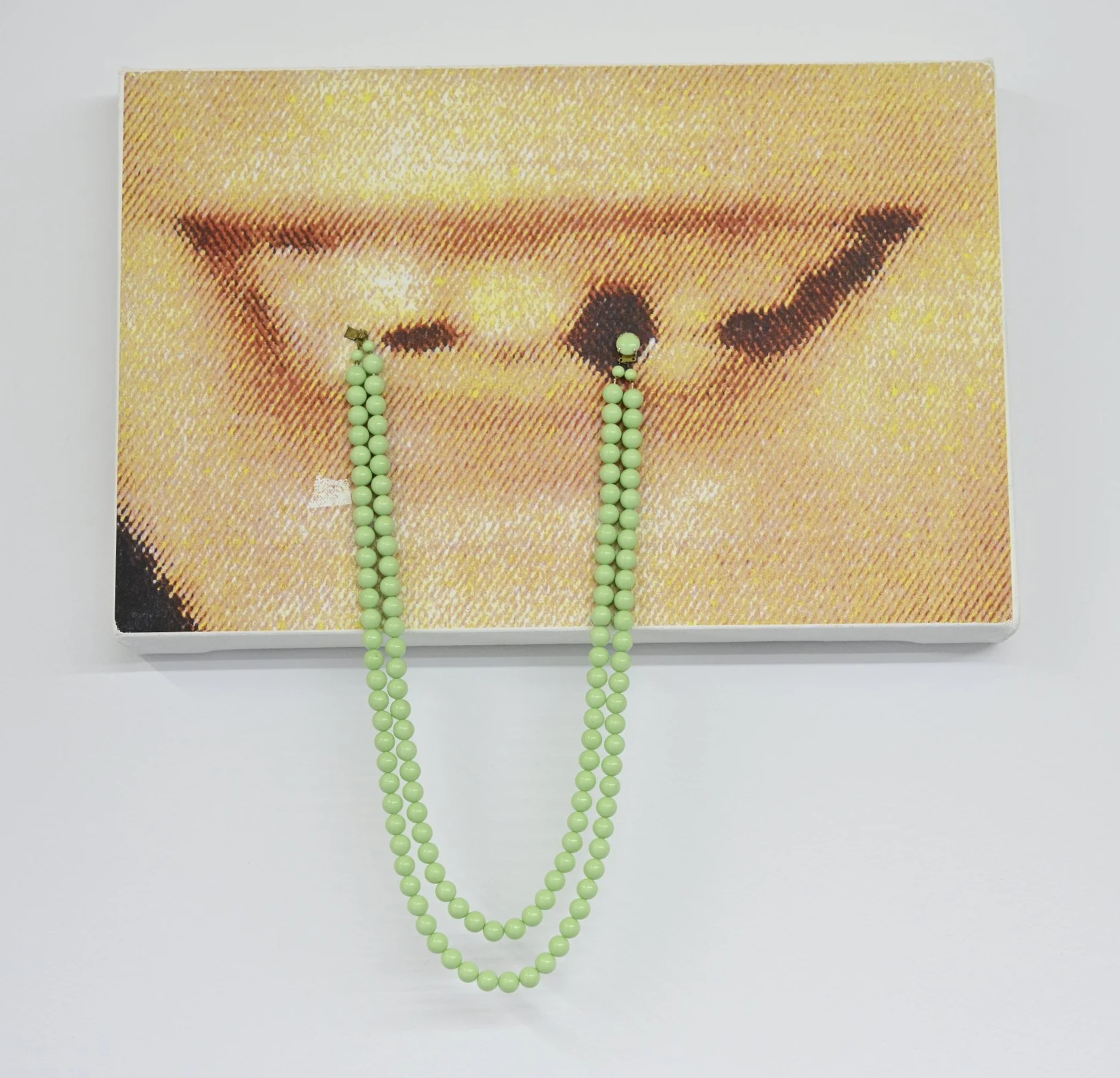 Gretchen’s Mouth - Green Beads / 2024 / Acrylic transfer, vintage beads, thread on canvas / 11” x 17” / $1200