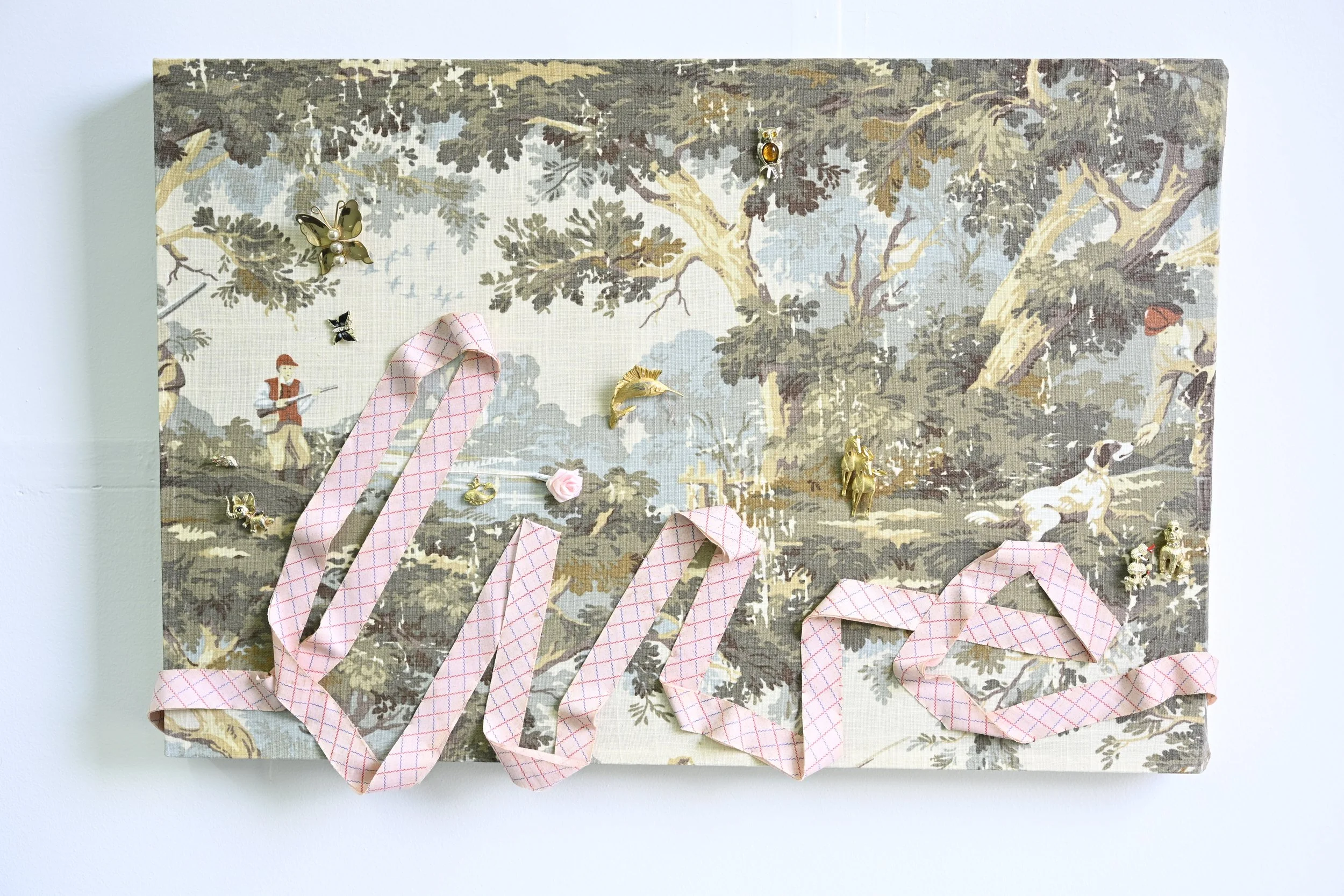 Live / 2025 / vintage home decor fabric, pins, ribbon, thread on stretcher  / 18” x 27” / $1600