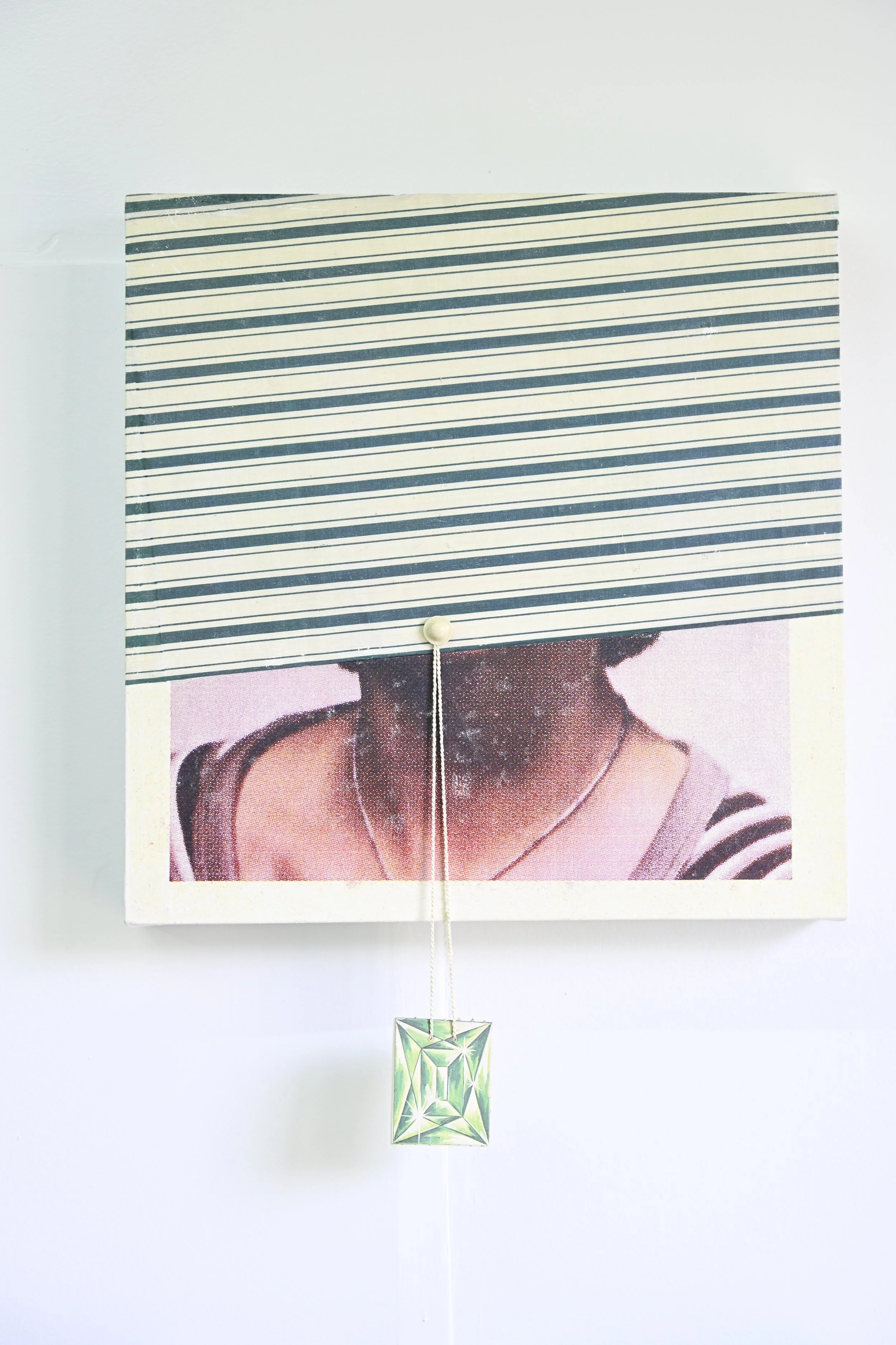 Green Stripe Shade / 2026 / acrylic transfer, shade hardware on canvas, paper doll piece on wood / 16 1/2” x 16 3/4” / $1400