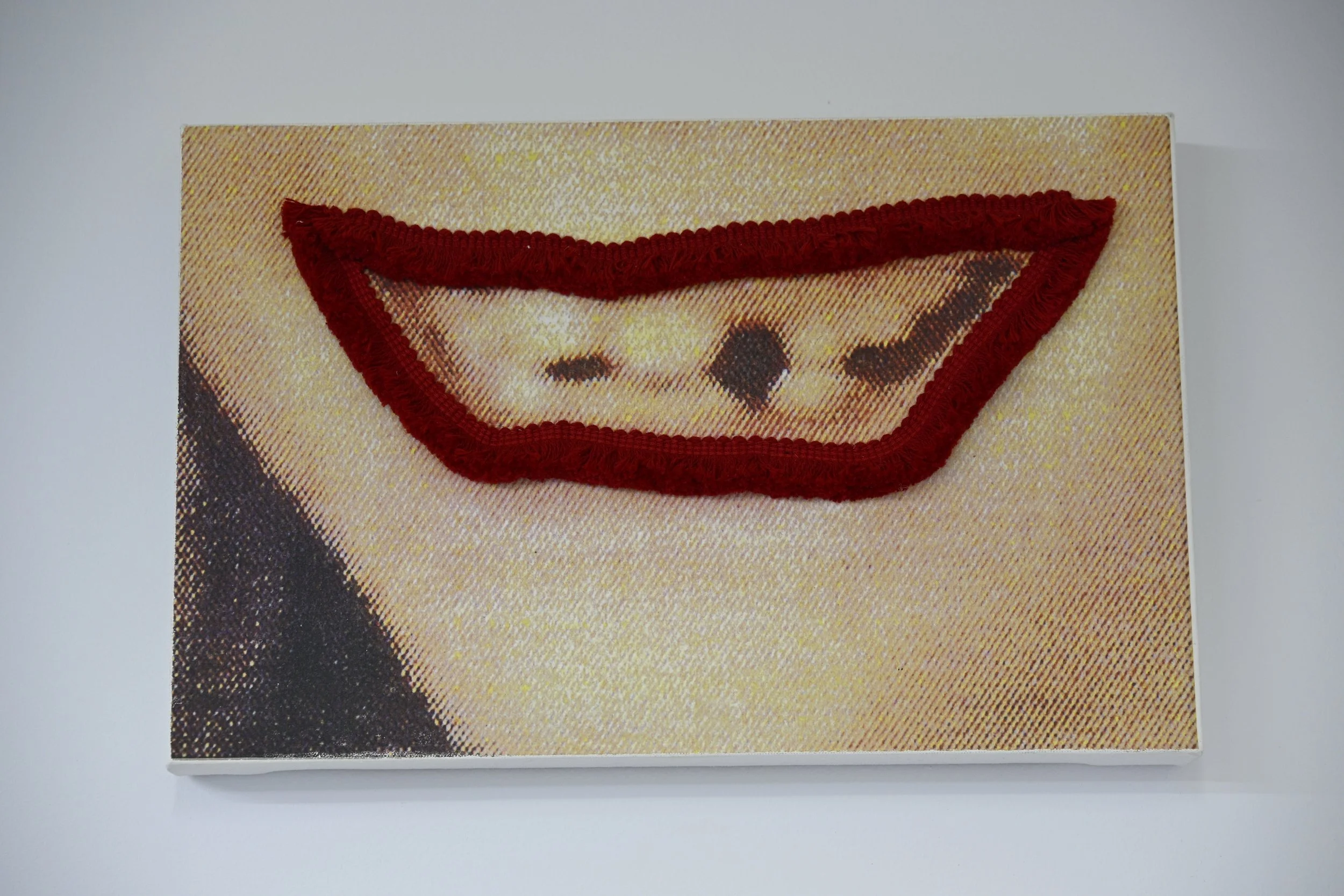 Gretchen’s Mouth - Red Trim / 2024 / acrylic transfer, vintage trim, thread on canvas / 11” x 16 3/4” / $1200