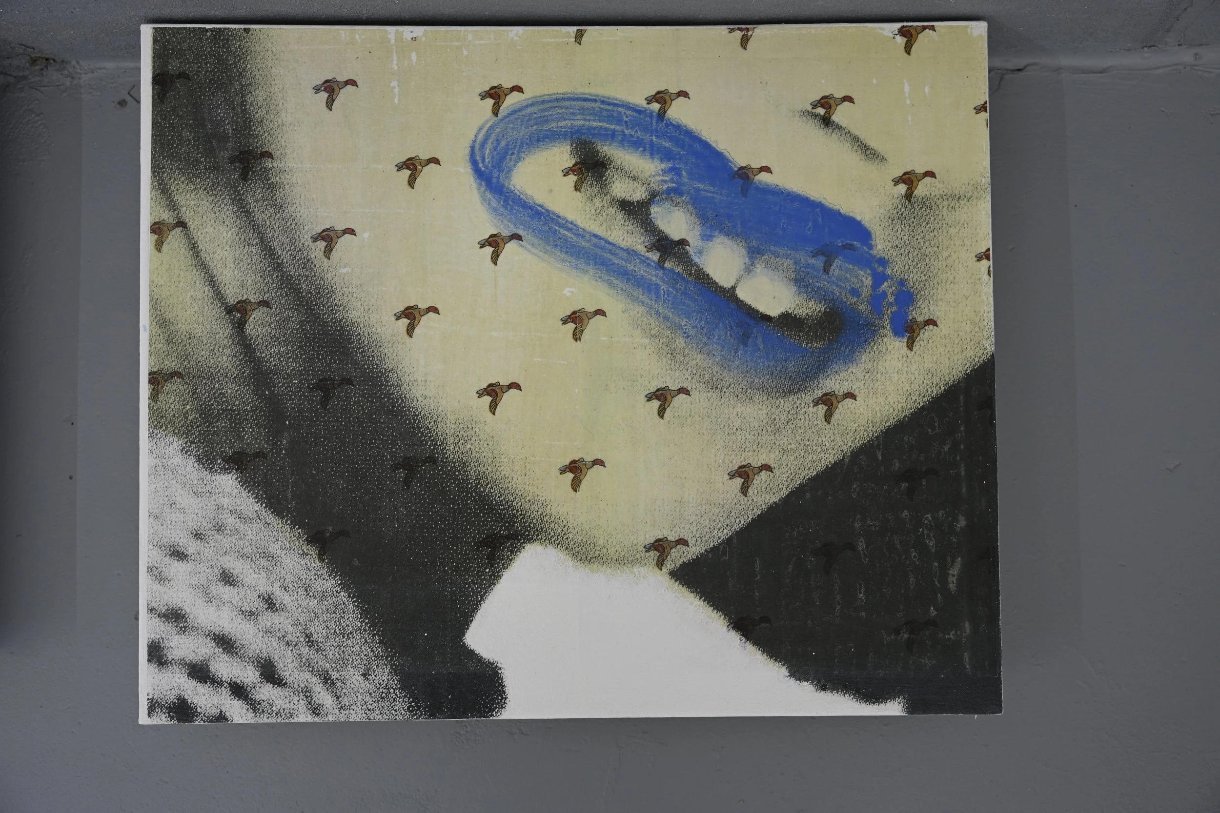 Blue Lips, Flying Geese / 2026 / oil, acrylic transfers on canvas / $1400