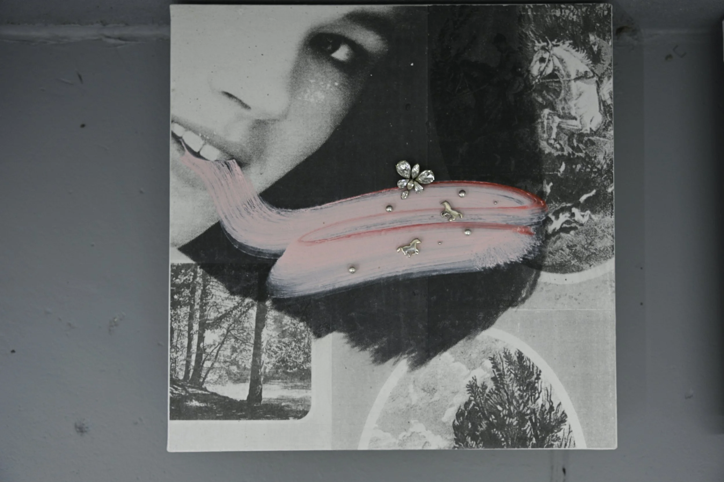 Diamond Butterfly, Silver Horses / 2026 / 
oil, acrylic transfers, vintage earrings, pins on canvas / 17 1/8” x 17” / $1200