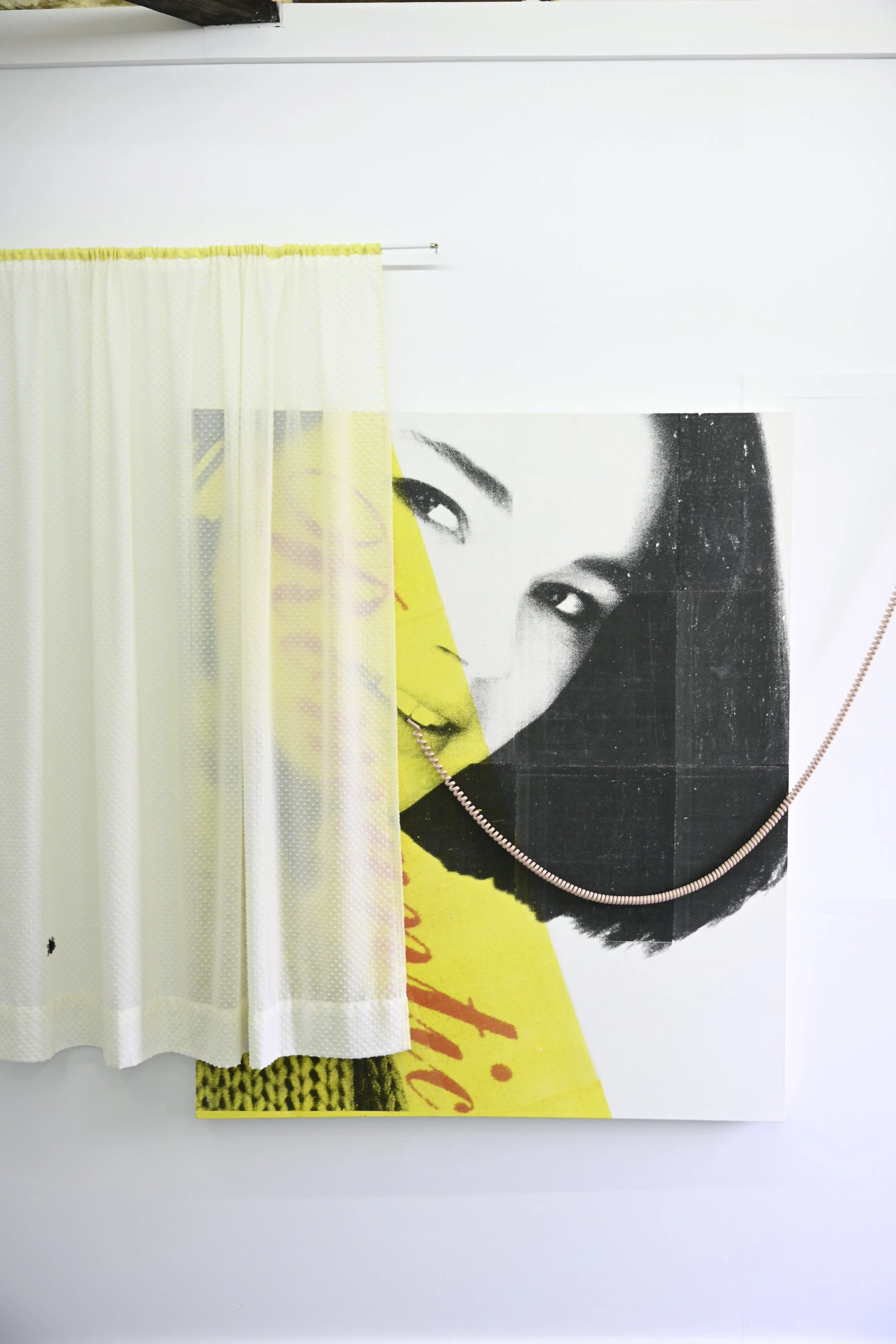 Romantic / 2026 / acrylic transfers on canvas, vintage phone cord, grommet, dress bow, vintage Swiss Dot fabric and trim, curtain rod, nails, plastic bugs / 48” x 40” / $3000