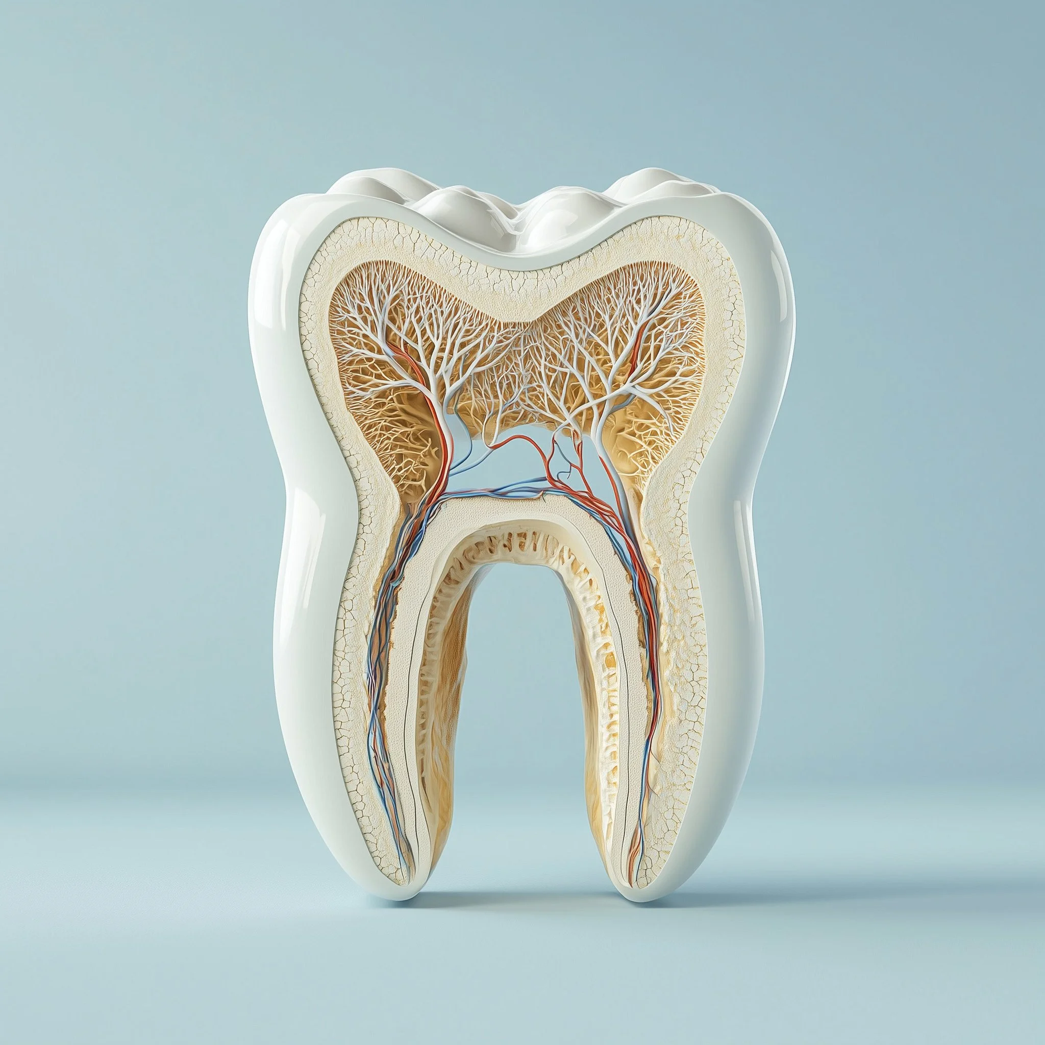 Cross-section of a tooth showing inner pulp, blood vessels, and nerves.