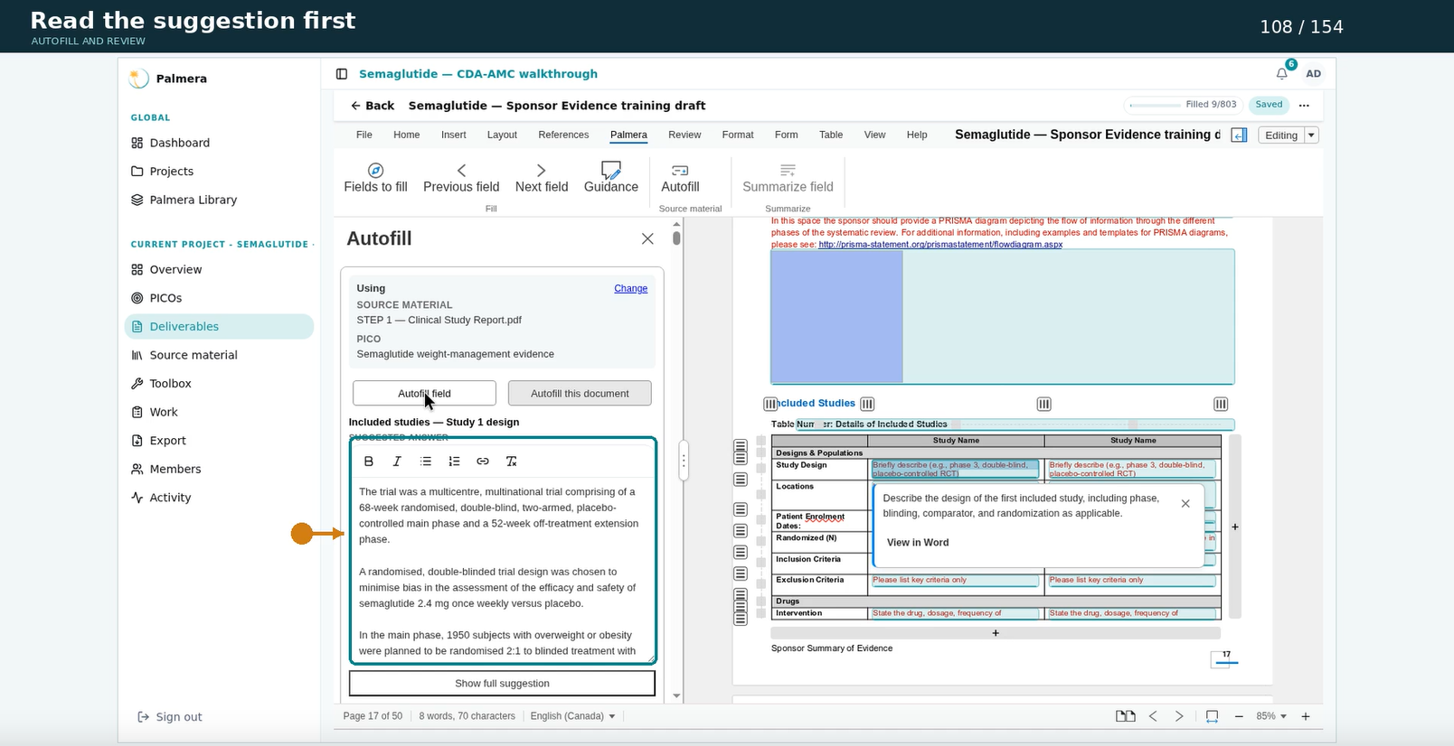 A screenshot from a digital document review interface showing a page about autofil for a clinical study report. The screen displays selected text, data fields, and a flow diagram for a systematic review process, with sections including study design, patient enrollment, and study details.