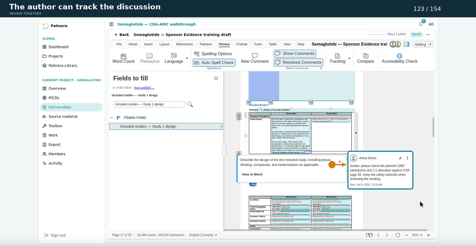 Screenshot of a document review interface with comments and highlighted text, showing a project related to seminar design and editing comments.