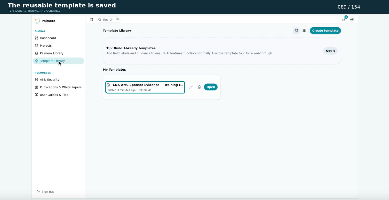 Screenshot of Palmera platform's Template Library page showing a template titled 'CDA-AMC Sponsor Evidence — Training' with update information and options, with navigation menu on the left and create template button at the top right.