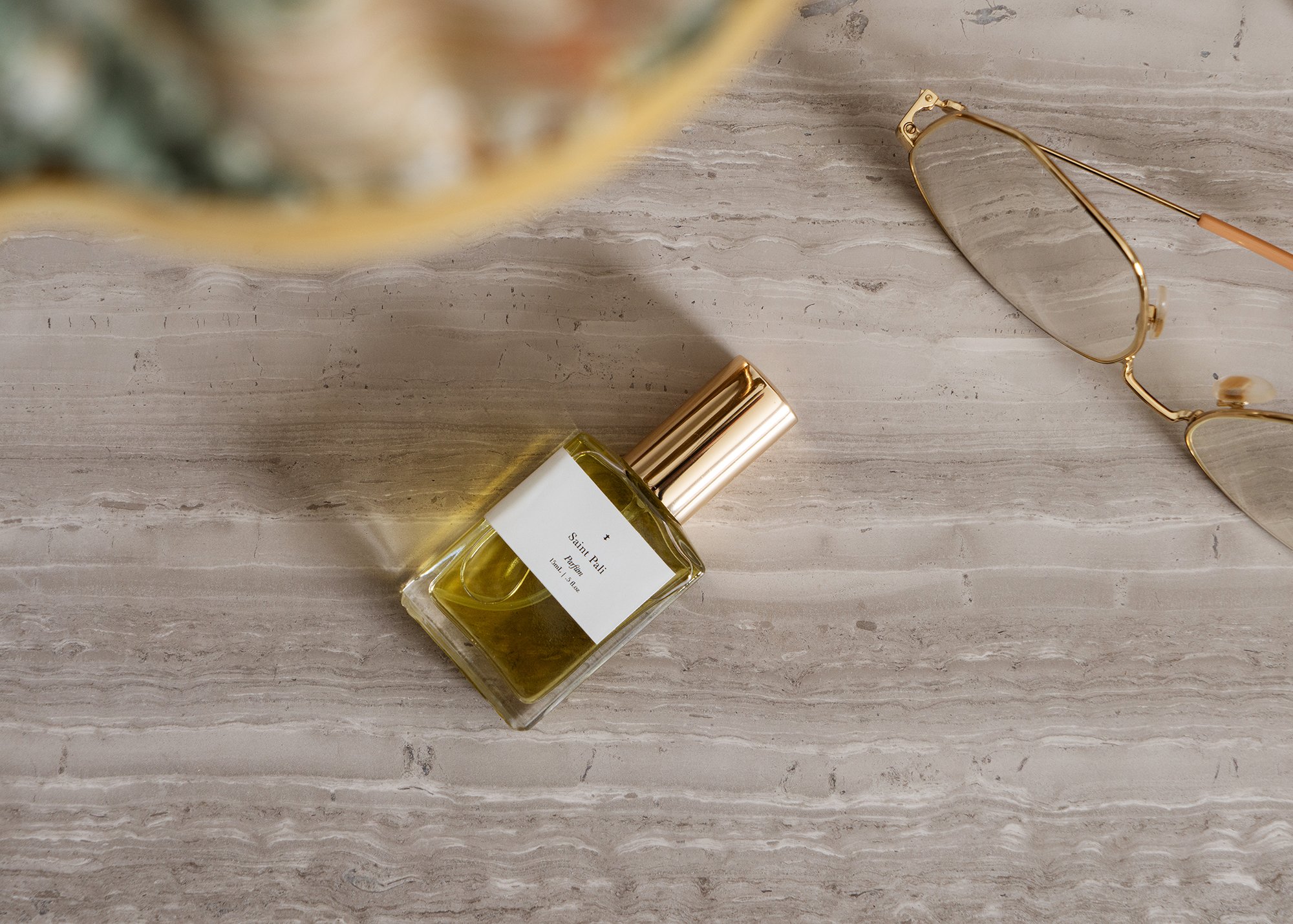 Above view of bottle of Saint Pali Parfum on Orlando Bedside Table