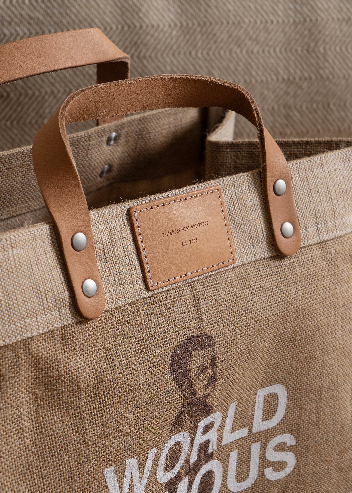 Detail of leather tag and handles on World Famous Limited Edition Market Bag