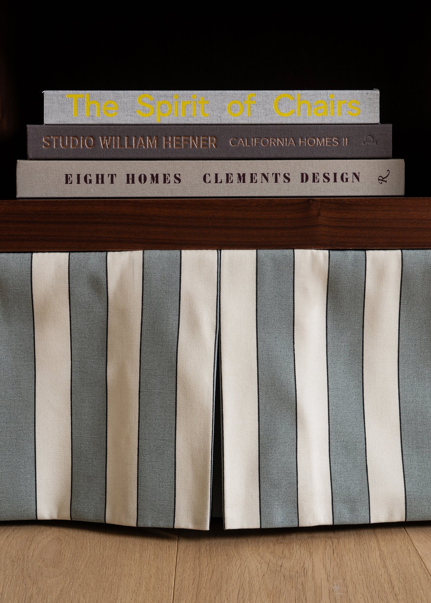 Detail of striped fabric skirt across bottom of Hollywood Credenza