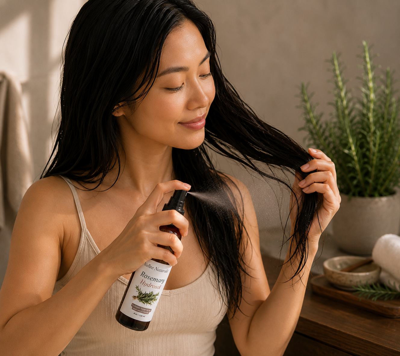 Woman Spraying Rosemary Hydrosol On Her Hair.png