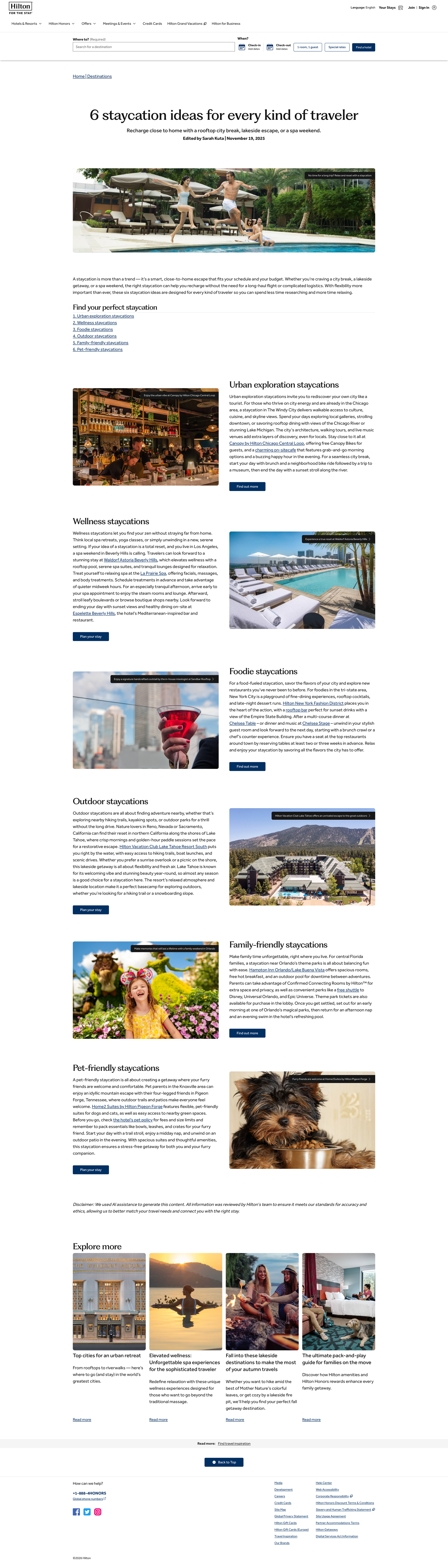 A webpage titled '6 staycation ideas for every kind of traveler' with sections and images showcasing various vacation types, including poolside relaxation, bar exploration, outdoor adventures, pet-friendly stays, and family-friendly resorts.