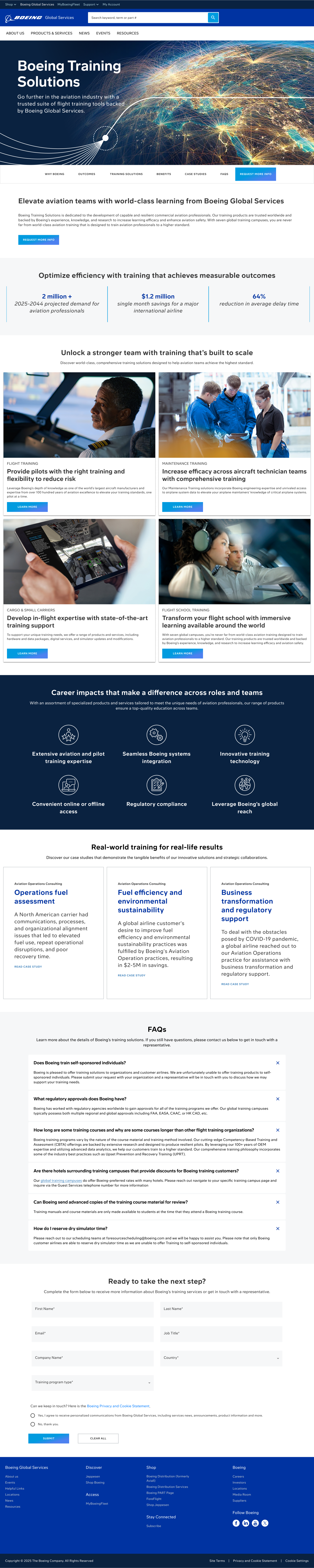 Screenshot of Boeing Training Solution webpage featuring a global digital network graphic, training programs, team collaboration images, and sections on career impacts, training programs, FAQs, and next steps.