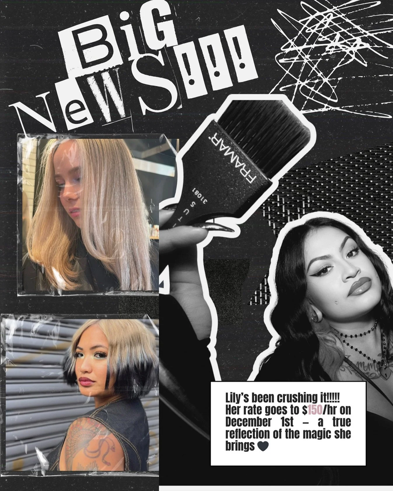 Lily has been absolutely killing it behind the chair!
Starting December 1st, her hourly rate will be $150!!! Well deserved, deeply earned, and a reflection of the magic she brings to every guest🖤

Proud of you, Lily. Keep creating 🖤✨